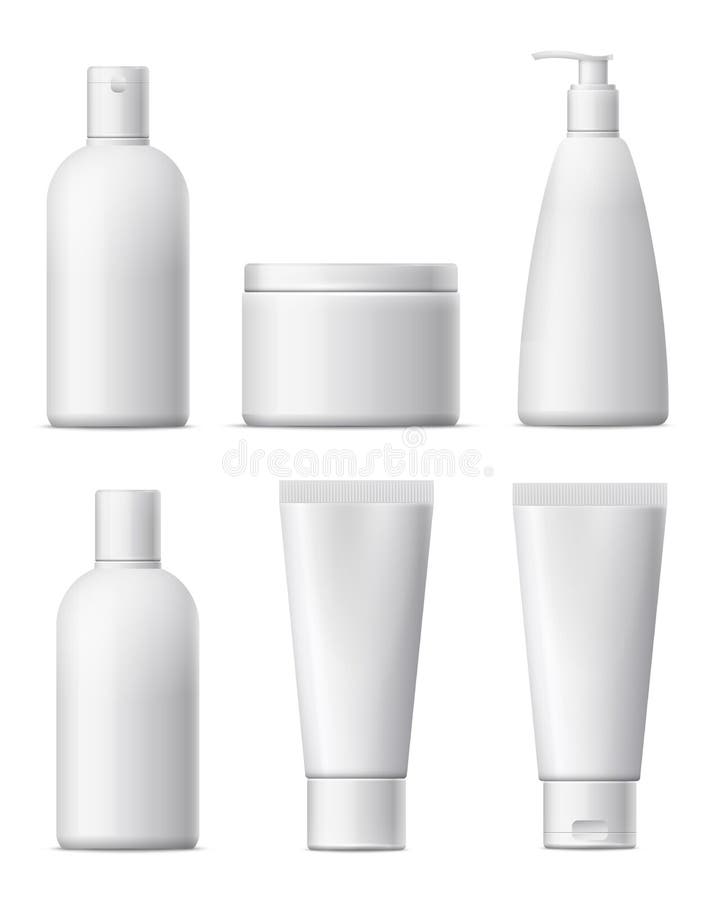 Ensemble cosmétique vide de paquet Bouteille en plastique blanche, produit de beauté illustration stock Ensemble cosmétique vide de paquet Bouteille en plastique blanche, produit de beauté illustration stock
