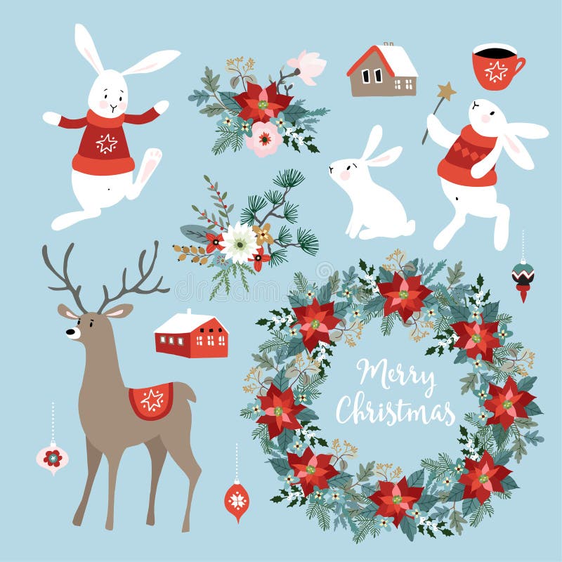 Ensemble d'agrafe-arts mignons de Noël avec les lapins, le renne, les fleurs d'hiver, la guirlande de Noël et les boules Concepti illustration de vecteur Ensemble d'agrafe-arts mignons de Noël avec les lapins, le renne, les fleurs d'hiver, la guirlande de Noël et les boules Concepti illustration de vecteur
