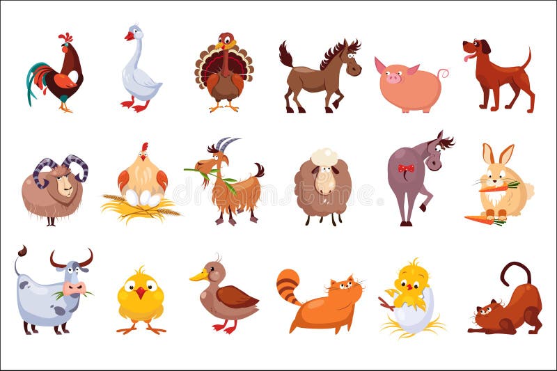 Set of farm animals. Livestock and poultry. Various domestic birds, horses, pig, rabbit, sheep, cats and dogs. Funny cartoon characters. Colorful flat vector illustration isolated on white background. Set of farm animals. Livestock and poultry. Various domestic birds, horses, pig, rabbit, sheep, cats and dogs. Funny cartoon characters. Colorful flat vector illustration isolated on white background.