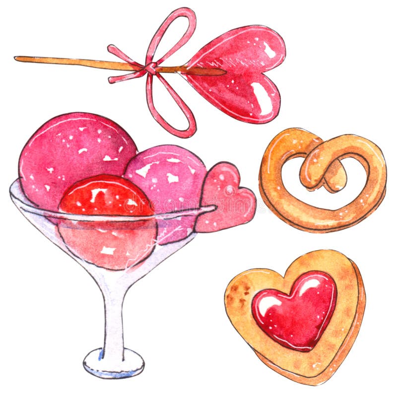 Ensemble d'aquarelle d'éléments pour le jour du ` s de Valentine illustration stock Ensemble d'aquarelle d'éléments pour le jour du ` s de Valentine illustration stock