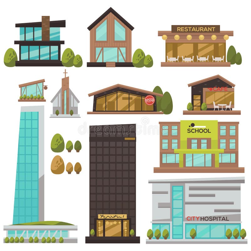 Flat vector set of modern urban architecture. Building and house in city: for business and offices, hotel, shop and bank, hospital and store, school and government, and cafe, skyscraper. Flat vector set of modern urban architecture. Building and house in city: for business and offices, hotel, shop and bank, hospital and store, school and government, and cafe, skyscraper.