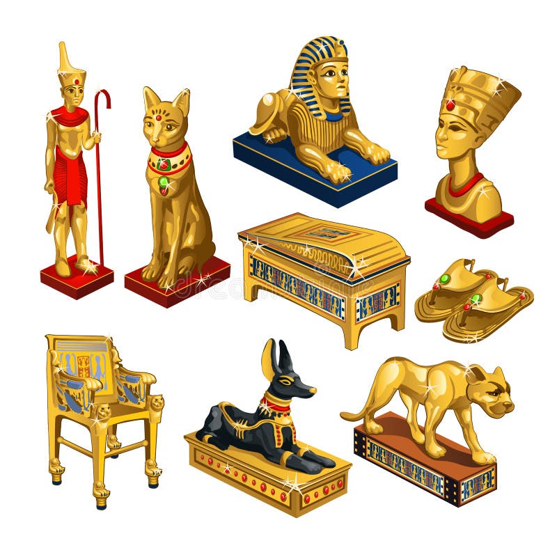 Ensemble d'attributs et de bijoux sur le thème de l'Egypte antique d'isolement sur le fond blanc Figurine d'or dans la forme