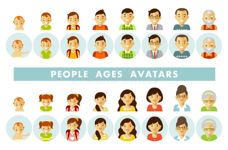 Man and woman aging icons - baby, child, teenager, young, adult, old. Vector illustration in flat style isolated on white background. Man and woman aging icons - baby, child, teenager, young, adult, old. Vector illustration in flat style isolated on white background.