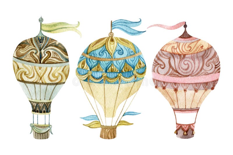 Ensemble d'aérostat Ensemble chaud de ballon à air d'aquarelle illustration de vecteur Ensemble d'aérostat Ensemble chaud de ballon à air d'aquarelle illustration de vecteur