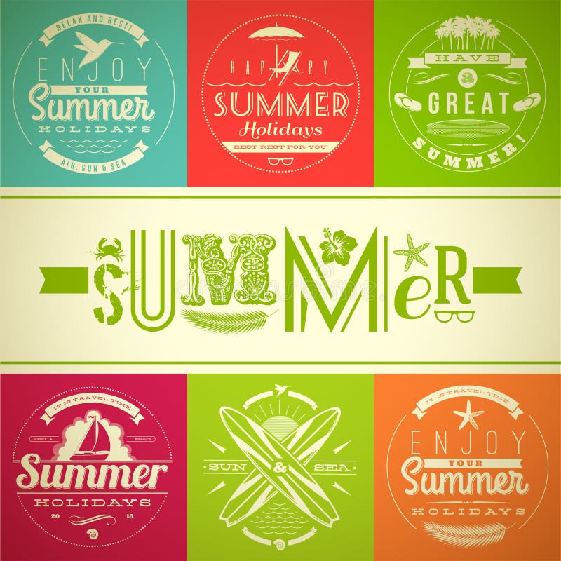 Ensemble d'emblèmes de vacances et de vacances d'été illustration stock Ensemble d'emblèmes de vacances et de vacances d'été illustration stock
