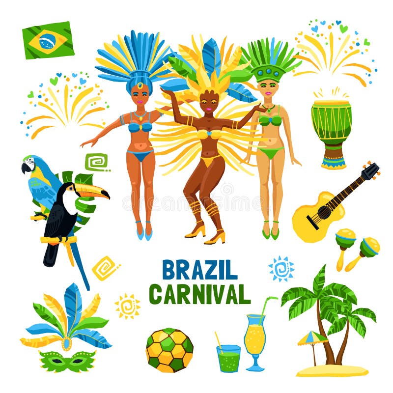 Set of decorative colored icons with different symbols of brazil carnival nature and people vector illustration. Set of decorative colored icons with different symbols of brazil carnival nature and people vector illustration