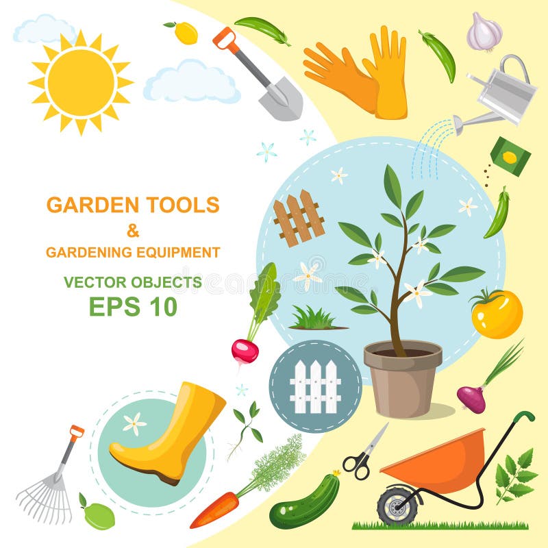 Ensemble d'icône de différents outils de jardinage, équipement, légumes et usines aimables Conceptions colorées de l'horticulture illustration stock Ensemble d'icône de différents outils de jardinage, équipement, légumes et usines aimables Conceptions colorées de l'horticulture illustration stock