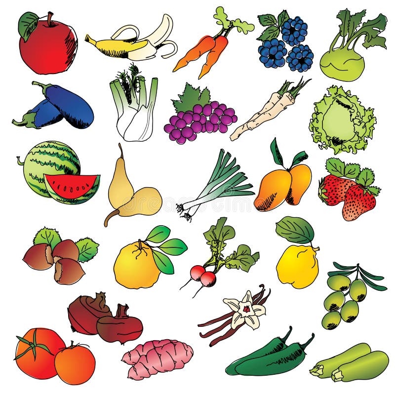 Illustration Fruits Et Légumes Dessin Ensemble D'icône De Fruits Et Légumes De Dessin De Dessin à Main Levée