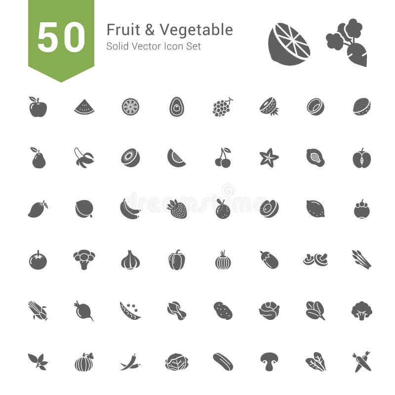 Ensemble d'icône de fruits et légumes 50 icônes solides de vecteur