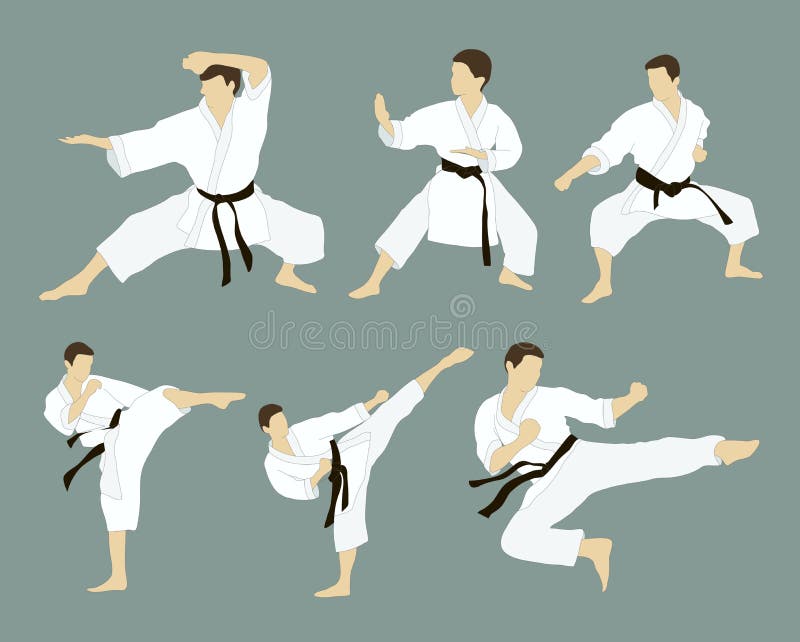 Set of six vector icons of full body man doing powerful kicks and punches on grey background. Applicable to Karate and Taekwondo. Set of six vector icons of full body man doing powerful kicks and punches on grey background. Applicable to Karate and Taekwondo.