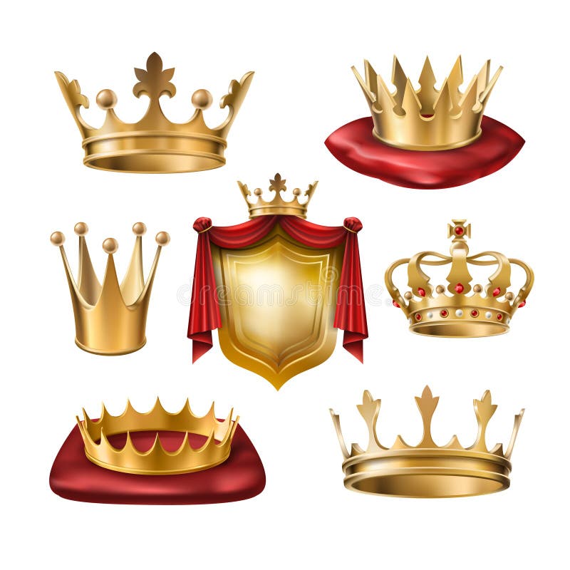 Ensemble d'icônes des couronnes d'or royales de diverses sortes et du manteau des bras d'isolement sur le blanc illustration stock Ensemble d'icônes des couronnes d'or royales de diverses sortes et du manteau des bras d'isolement sur le blanc illustration stock