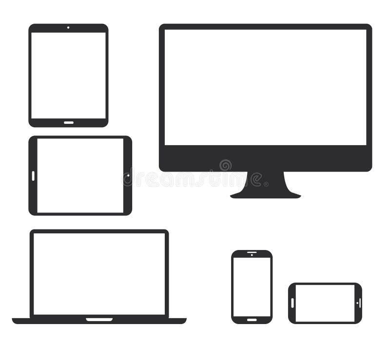 Set of black electronic device silhouette icons. Vector illustration of smart phone, tablet, laptop and computer EPS10. Set of black electronic device silhouette icons. Vector illustration of smart phone, tablet, laptop and computer EPS10.