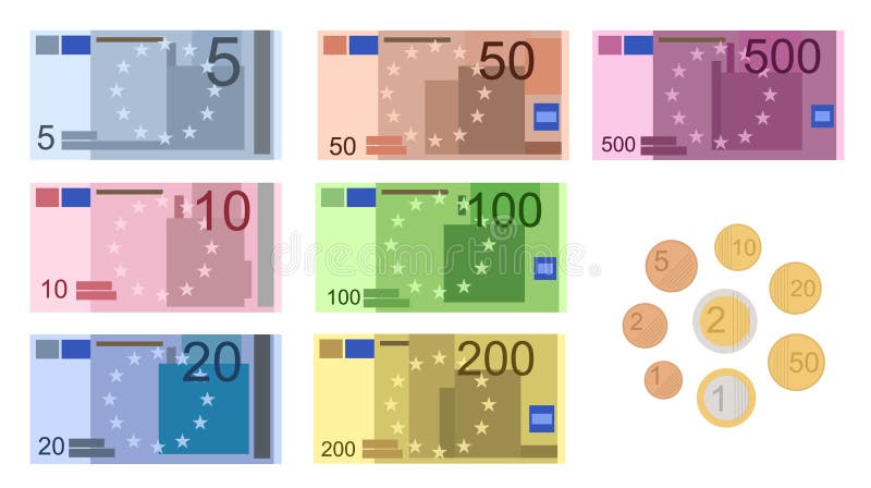 Ensemble d'icône de billets de couleur de dessin euro. Vecteur