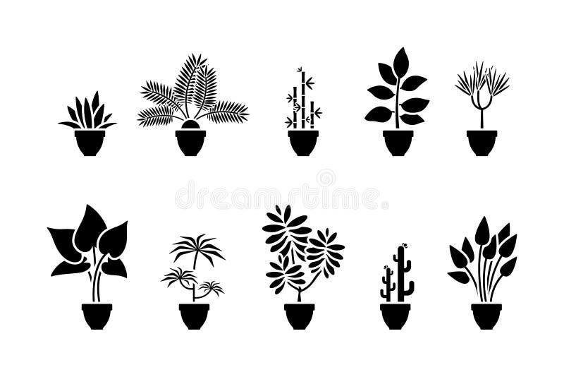 Ensemble d'icône de fleurs de maison Pictogramme noir d'usine dans le pot illustration stock Ensemble d'icône de fleurs de maison Pictogramme noir d'usine dans le pot illustration stock