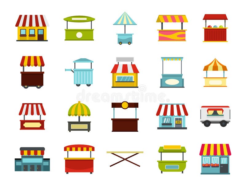 Ensemble d'icône de marché en plein air, style plat illustration stock Ensemble d'icône de marché en plein air, style plat illustration stock