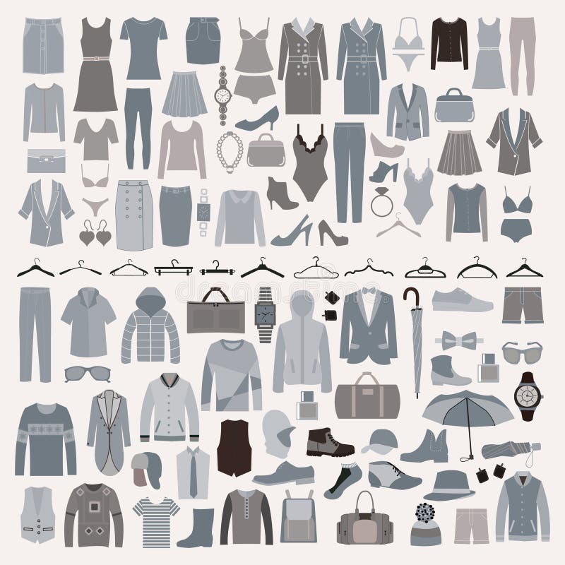 Ensemble d'icône de mode de vêtements et d'accessoires Hommes et vêtements de femmes illustration de vecteur Ensemble d'icône de mode de vêtements et d'accessoires Hommes et vêtements de femmes illustration de vecteur
