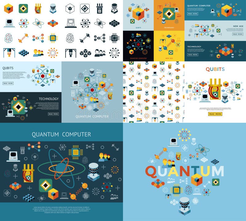 Digital quantum computing and qubits icon set pack illustration, simple line flat style. Digital quantum computing and qubits icon set pack illustration, simple line flat style