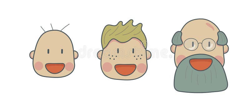 Set of icons of different age groups of people from infants to seniors. Smiling man on a white background. Set of color vector. Set of icons of different age groups of people from infants to seniors. Smiling man on a white background. Set of color vector.