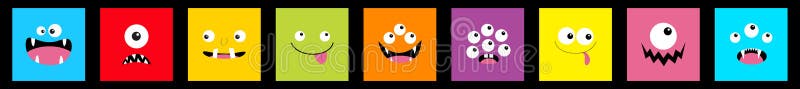 Ensemble d'icônes de ligne de tête de monteur Tête carrée Boo Spooky Scandant Sourire triste émotion face Trois yeux, langue, den illustration stock Ensemble d'icônes de ligne de tête de monteur Tête carrée Boo Spooky Scandant Sourire triste émotion face Trois yeux, langue, den illustration stock
