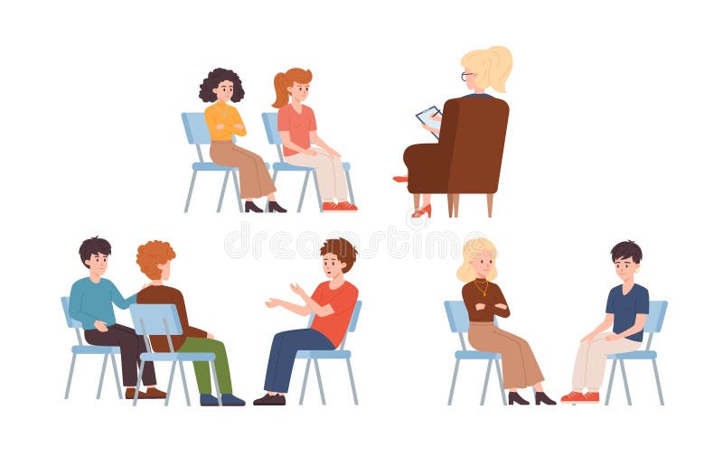 Set of Vector illustrations of Groups therapy session for addiction treatment, support in difficult situations, stress. People are sitting in armchairs talking and discussing, isolated on white background. Set of Vector illustrations of Groups therapy session for addiction treatment, support in difficult situations, stress. People are sitting in armchairs talking and discussing, isolated on white background