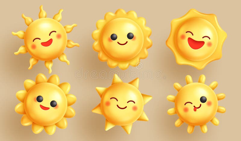 Ensemble d'images clipart Sun happy face. Coup de soleil 3d jaune dans des expressions joyeux et mignonnes du visage illustration libre de droits