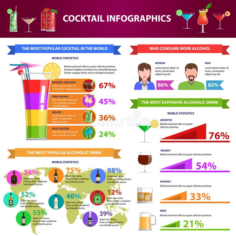 Ensemble d'Infographics de cocktail illustration stock Ensemble d'Infographics de cocktail illustration stock