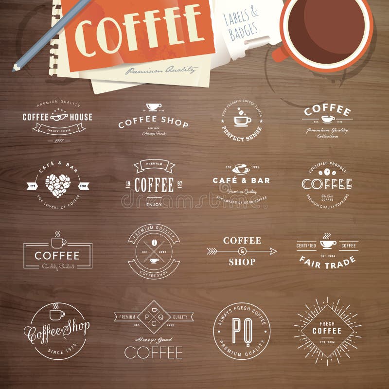 Set of vintage style elements for labels and badges for coffee, with wood texture, cup of coffee and a notepad in the background. Set of vintage style elements for labels and badges for coffee, with wood texture, cup of coffee and a notepad in the background