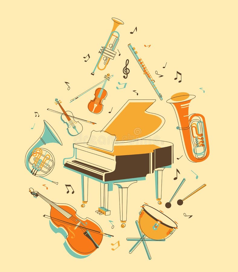 Classical musical instruments in vintage hand-draw style. Classical musical instruments in vintage hand-draw style