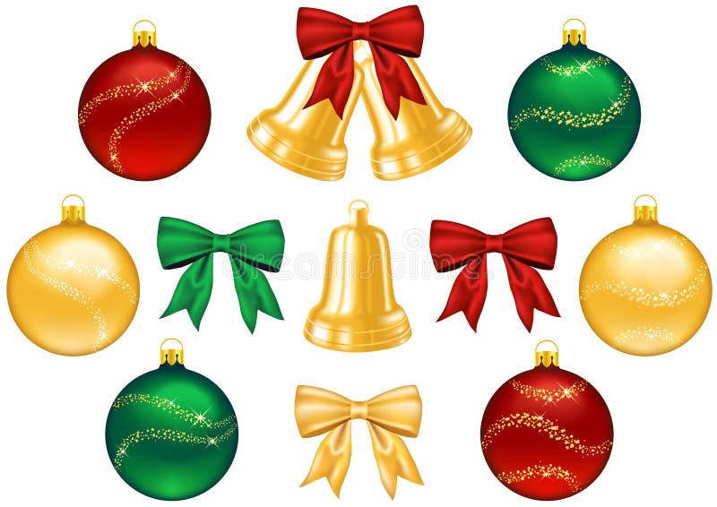 Objects for Christmas decorations - bells, bows and boubles in different colours. Objects for Christmas decorations - bells, bows and boubles in different colours.