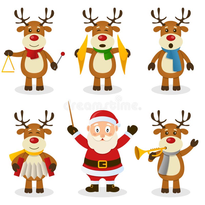 A funny cartoon Christmas orchestra with five cute reindeer characters playing musical instruments and Santa Claus as orchestra leader, isolated on white background. Eps file available. A funny cartoon Christmas orchestra with five cute reindeer characters playing musical instruments and Santa Claus as orchestra leader, isolated on white background. Eps file available.