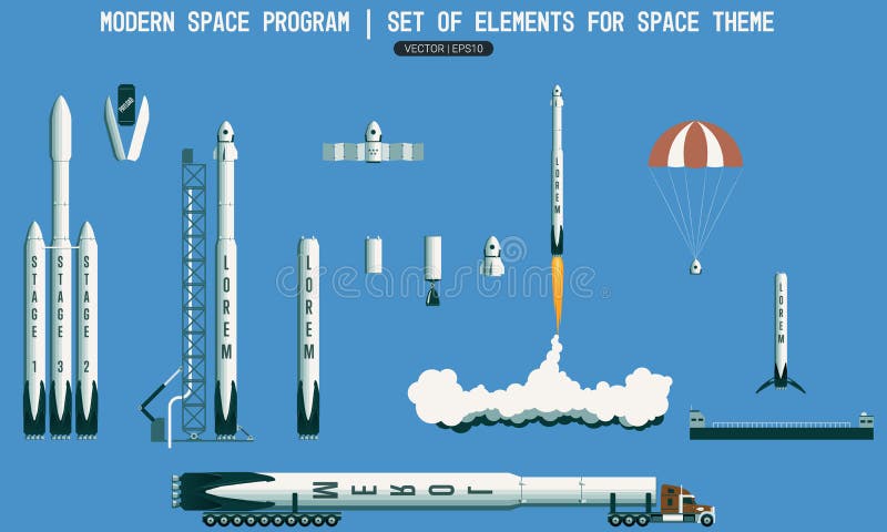 Ensemble d'éléments pour le sujet de l'espace programme spatial moderne montez en flèche, lanceur, satellite, plate-forme de lanc illustration de vecteur Ensemble d'éléments pour le sujet de l'espace programme spatial moderne montez en flèche, lanceur, satellite, plate-forme de lanc illustration de vecteur