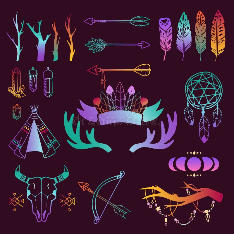 Ensemble d'éléments tiré par la main de conception de vecteur de boho Labels sauvages de style avec des flèches de vintage, décor illustration libre de droits Ensemble d'éléments tiré par la main de conception de vecteur de boho Labels sauvages de style avec des flèches de vintage, décor illustration libre de droits