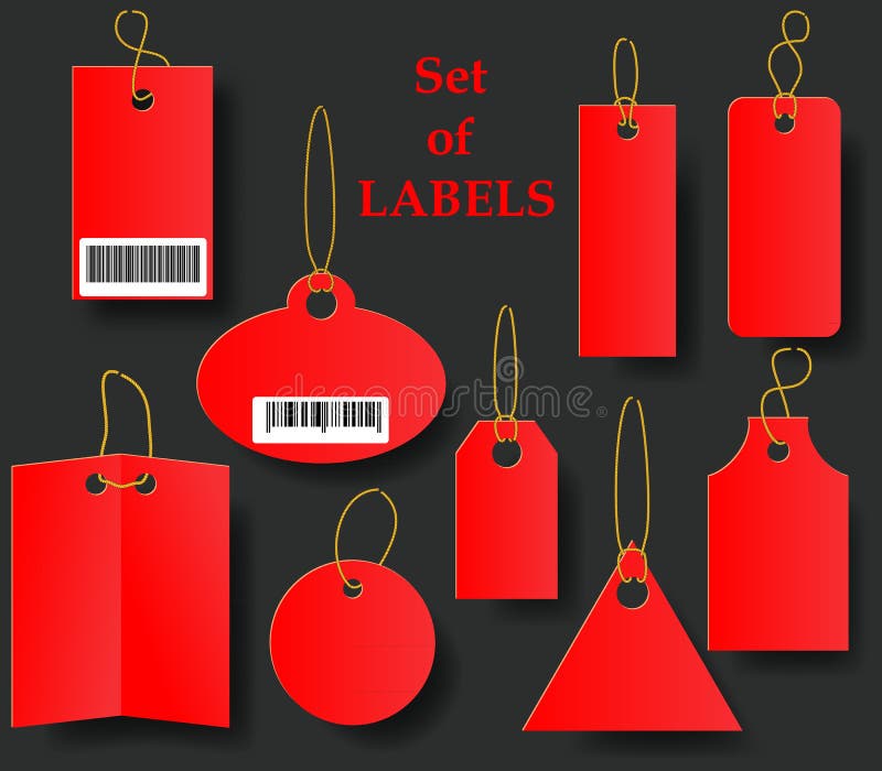 Ensemble d'étiquettes rouges avec la corde d'or Collection de labels de diverses formes sur un fond noir illustration stock Ensemble d'étiquettes rouges avec la corde d'or Collection de labels de diverses formes sur un fond noir illustration stock