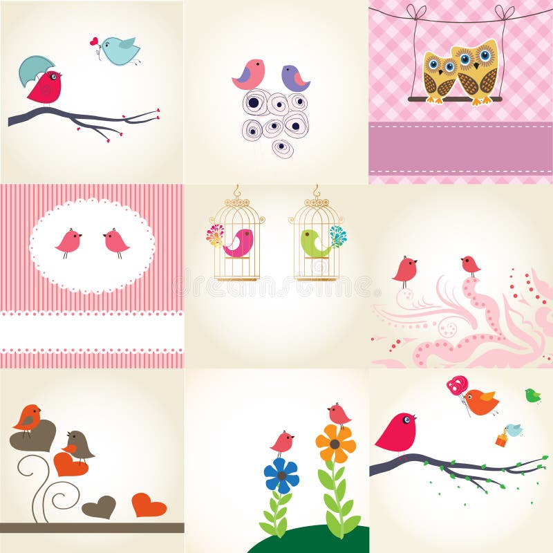 Ensemble de 9 cartes de valentines avec les oiseaux mignons illustration de vecteur Ensemble de 9 cartes de valentines avec les oiseaux mignons illustration de vecteur