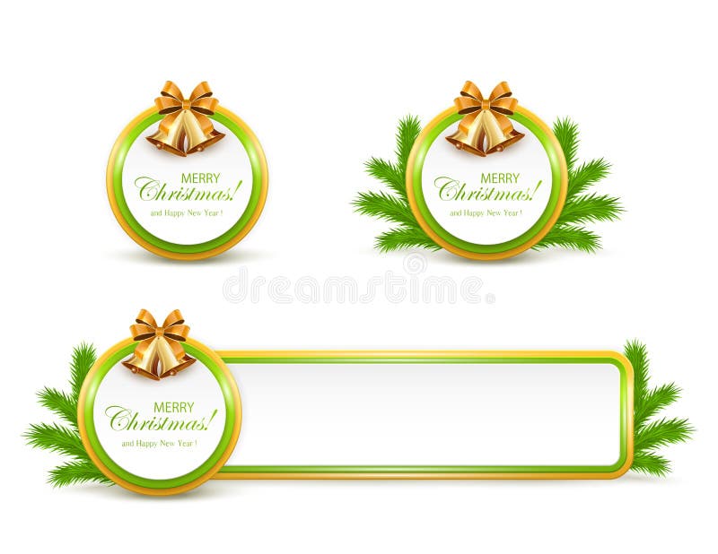 Set of Christmas cards and banner with golden bells, bow and fir tree branches on white background, illustration. Set of Christmas cards and banner with golden bells, bow and fir tree branches on white background, illustration.