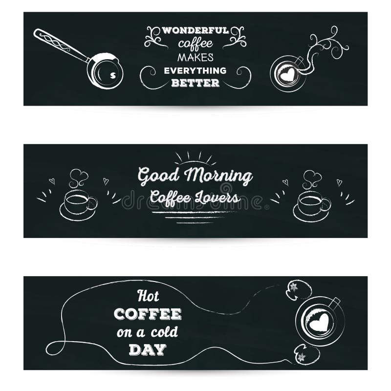 Ensemble de bannières horizontales L'affiche avec le lettrage de salutation a stylisé le dessin avec la tasse de craie de coffe s illustration de vecteur Ensemble de bannières horizontales L'affiche avec le lettrage de salutation a stylisé le dessin avec la tasse de craie de coffe s illustration de vecteur