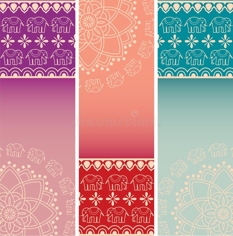 Set of 3 colorful traditional oriental henna elephant design vertical banners with mandala background and space for text. Set of 3 colorful traditional oriental henna elephant design vertical banners with mandala background and space for text