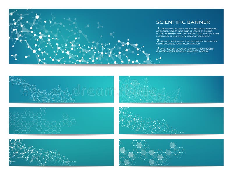 Ensemble de bannières scientifiques modernes ADN de structure de molécule et neurones abrégez le fond Médecine, la science, techn illustration stock Ensemble de bannières scientifiques modernes ADN de structure de molécule et neurones abrégez le fond Médecine, la science, techn illustration stock