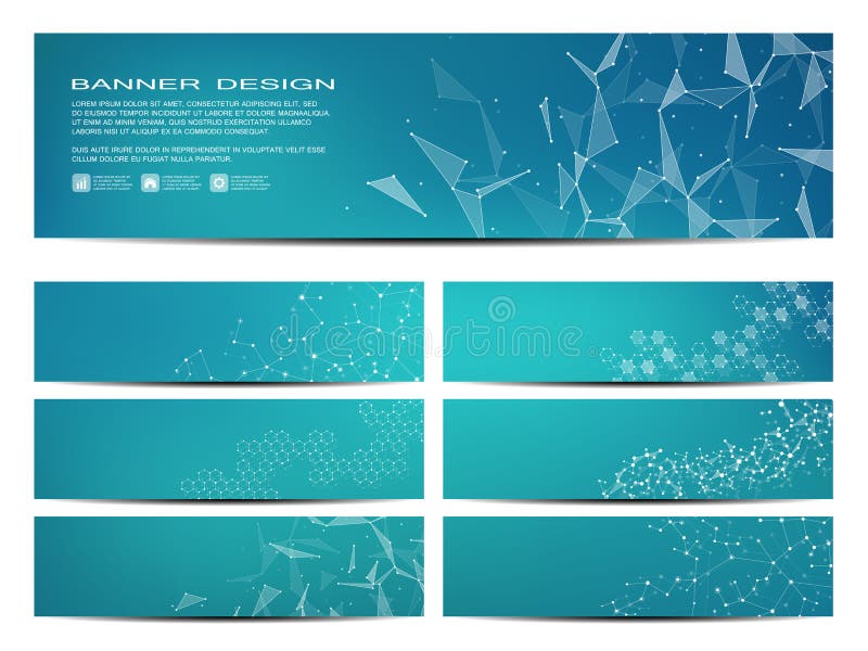 Ensemble de bannières scientifiques modernes Structure moléculaire de l'ADN et des neurones Fond abstrait géométrique médecine illustration stock Ensemble de bannières scientifiques modernes Structure moléculaire de l'ADN et des neurones Fond abstrait géométrique médecine illustration stock
