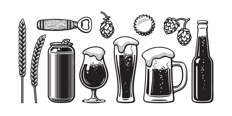 Ensemble de bière de vintage L'orge, blé, peut, verre, tasse, bouteille, ouvreur, houblon, capsule Illustration de vecteur Brasse
