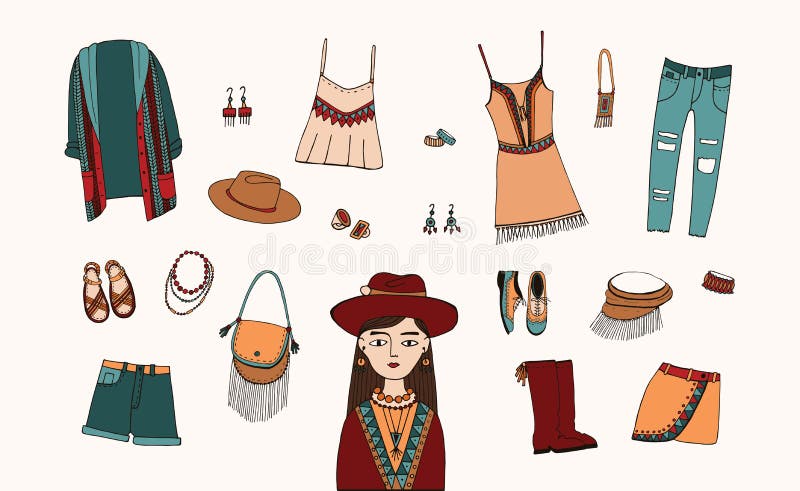 Ensemble de Bohème de style de mode Boho et vêtements gitans, collection d'accessoires Illustration tirée par la main colorée illustration de vecteur Ensemble de Bohème de style de mode Boho et vêtements gitans, collection d'accessoires Illustration tirée par la main colorée illustration de vecteur