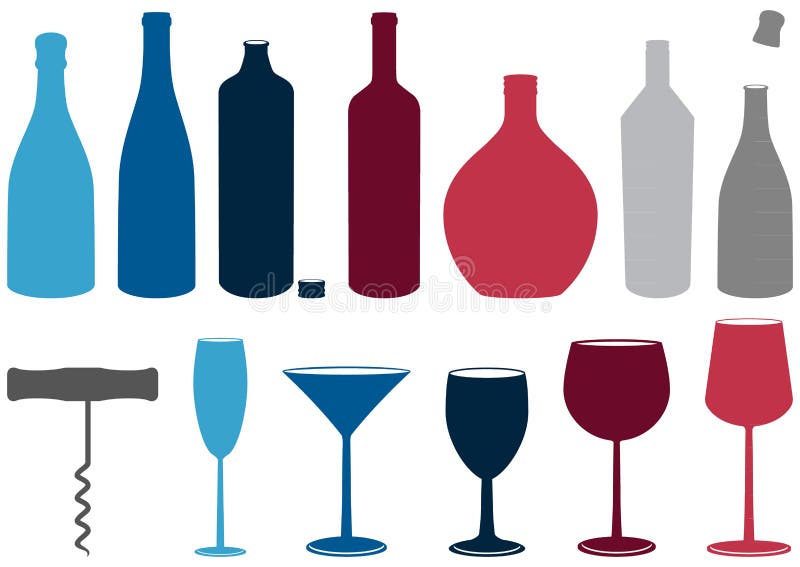 Vector illustration set of wine and liquor bottles, glasses and corkscrew. All objects and details are isolated and grouped. Colors and transparent background color are easy to customize. Vector illustration set of wine and liquor bottles, glasses and corkscrew. All objects and details are isolated and grouped. Colors and transparent background color are easy to customize.