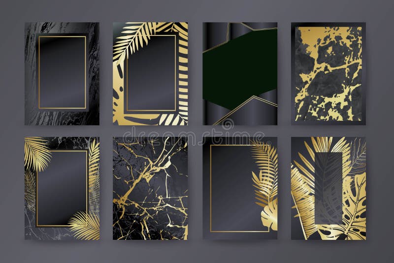Ensemble de brochure élégante, carte, fond, couverture Texture de marbre noire et d'or Paume, feuilles exotiques illustration de vecteur Ensemble de brochure élégante, carte, fond, couverture Texture de marbre noire et d'or Paume, feuilles exotiques illustration de vecteur