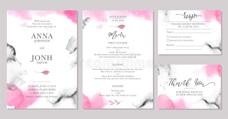Ensemble de calibres de carte d'invitation de mariage avec les fleurs roses d'aquarelle illustration stock Ensemble de calibres de carte d'invitation de mariage avec les fleurs roses d'aquarelle illustration stock