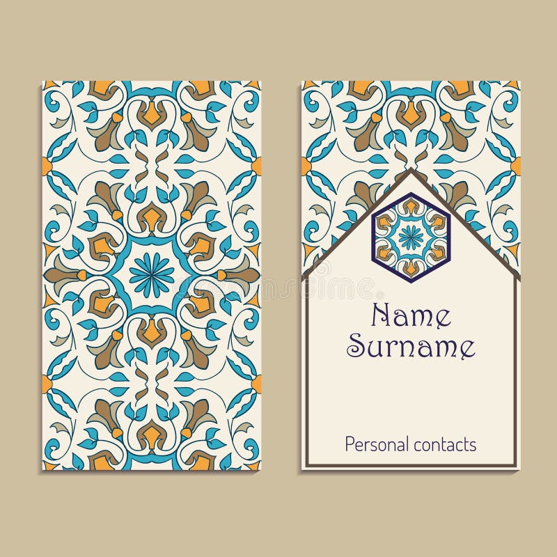 Ensemble de calibres de carte de visite professionnelle de visite de vecteur Portugais, marocain, Azulejo, l'arabe, ornements asi illustration stock Ensemble de calibres de carte de visite professionnelle de visite de vecteur Portugais, marocain, Azulejo, l'arabe, ornements asi illustration stock