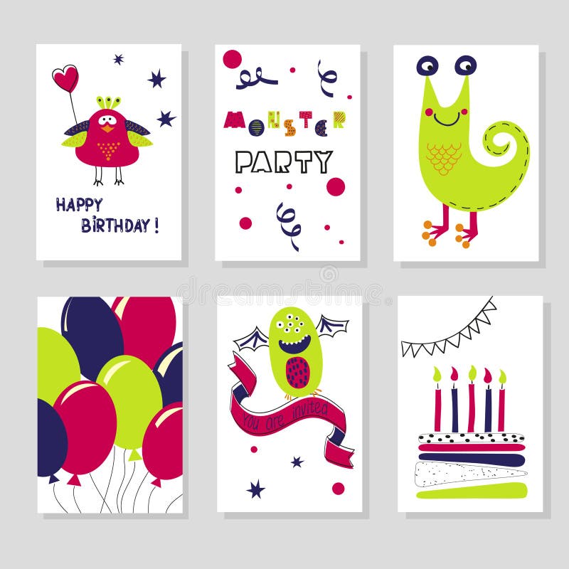 Ensemble de calibres de cartes d'anniversaire monstres mignons de dessin animé illustration libre de droits Ensemble de calibres de cartes d'anniversaire monstres mignons de dessin animé illustration libre de droits