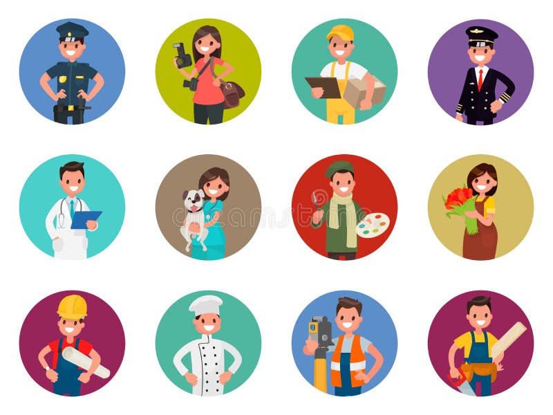 Ensemble de caractères d'avatars de différentes professions : policier, photographe, messager, pilote, docteur et d'autres Illust illustration libre de droits Ensemble de caractères d'avatars de différentes professions : policier, photographe, messager, pilote, docteur et d'autres Illust illustration libre de droits