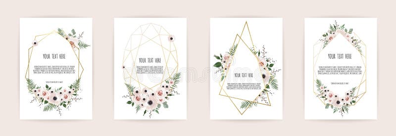 Ensemble de carte avec la rose de fleur, les feuilles et le cadre géométrique Concept d'ornement de mariage L'affiche florale, in