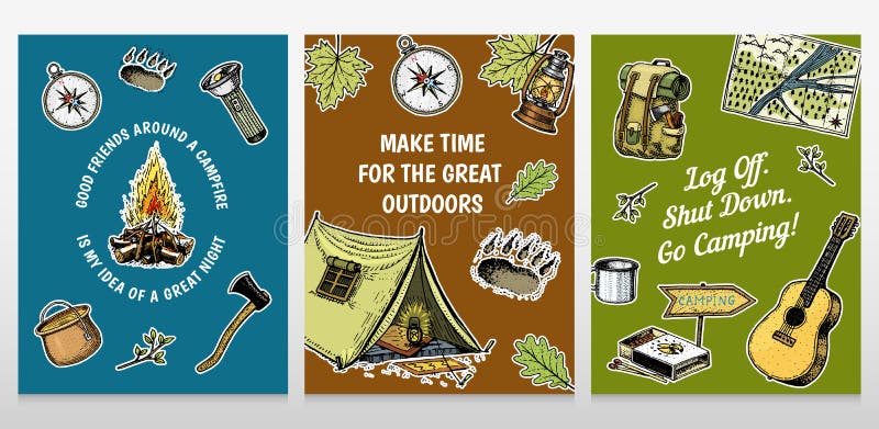 Ensemble de cartes de camping calibre d'affiche ou d'impression aventure et hausse extérieures Voyageant, voyage de tourisme main illustration de vecteur Ensemble de cartes de camping calibre d'affiche ou d'impression aventure et hausse extérieures Voyageant, voyage de tourisme main illustration de vecteur