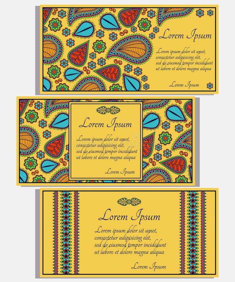 Ensemble de cartes jaunes d'invitation avec Paisley coloré et éléments floraux illustration stock Ensemble de cartes jaunes d'invitation avec Paisley coloré et éléments floraux illustration stock
